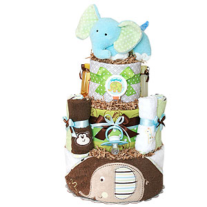 Green and Brown Bath Jungle Giraffe and Elephant Diaper Cake