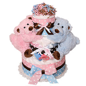Boy and Girl Bears Twins Diaper Cake