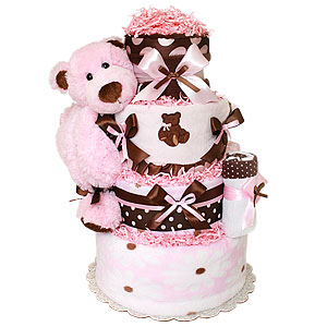 Big Pink and Brown Sleeping Bear Diaper Cake