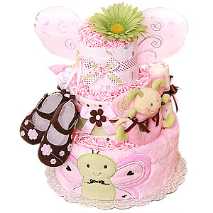 Green, Pink and Brown Butterfly Diaper Cake